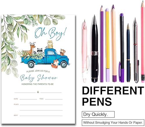 Miniatura 5 de YIDOU Woodland Blue Truck Boy Baby Shower Invitaciones para fiesta de Greenery Woodland Animal Rellenar tarjetas de invitaciones 20 invitaciones y