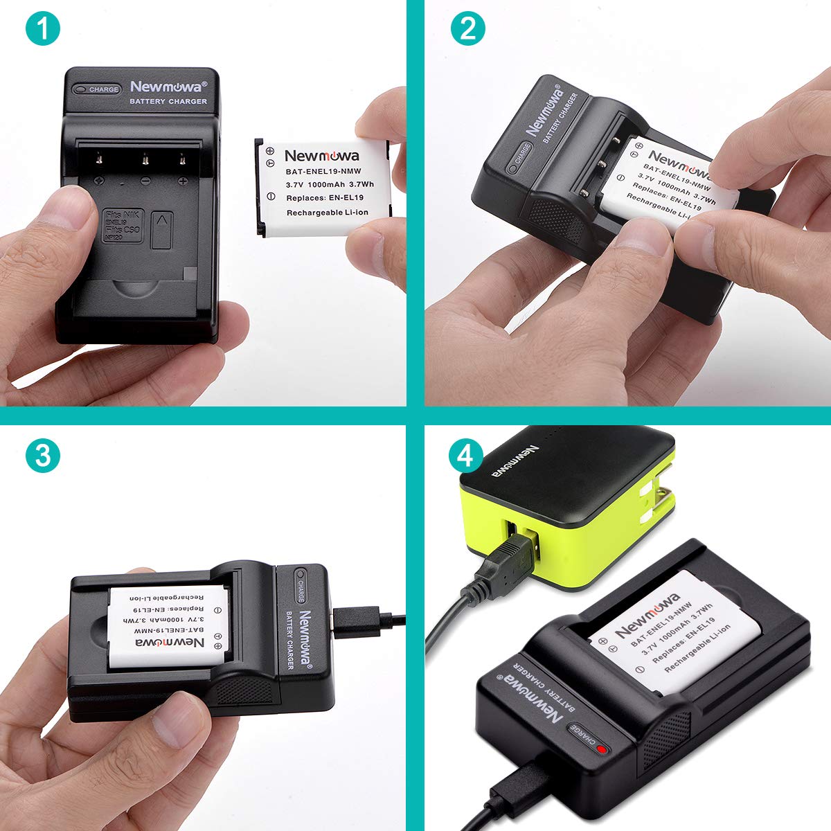 Newmowa EN-EL19 Bateria Zamienna 2 szt. Przenośna Ładowarka USB do Nikon EN-EL19 Coolpix W100 S2500 S2600 S2700 S2800 S3100 S3200 S3300 S3400 S3500 S3600 S3700