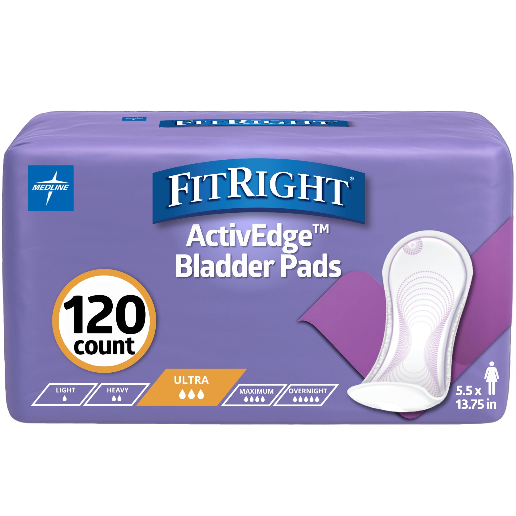 FitRight Incontinence Bladder Control Pads, Maximum Absorbency, 5.5" x 13.75", 10 Count (Pack of 12)