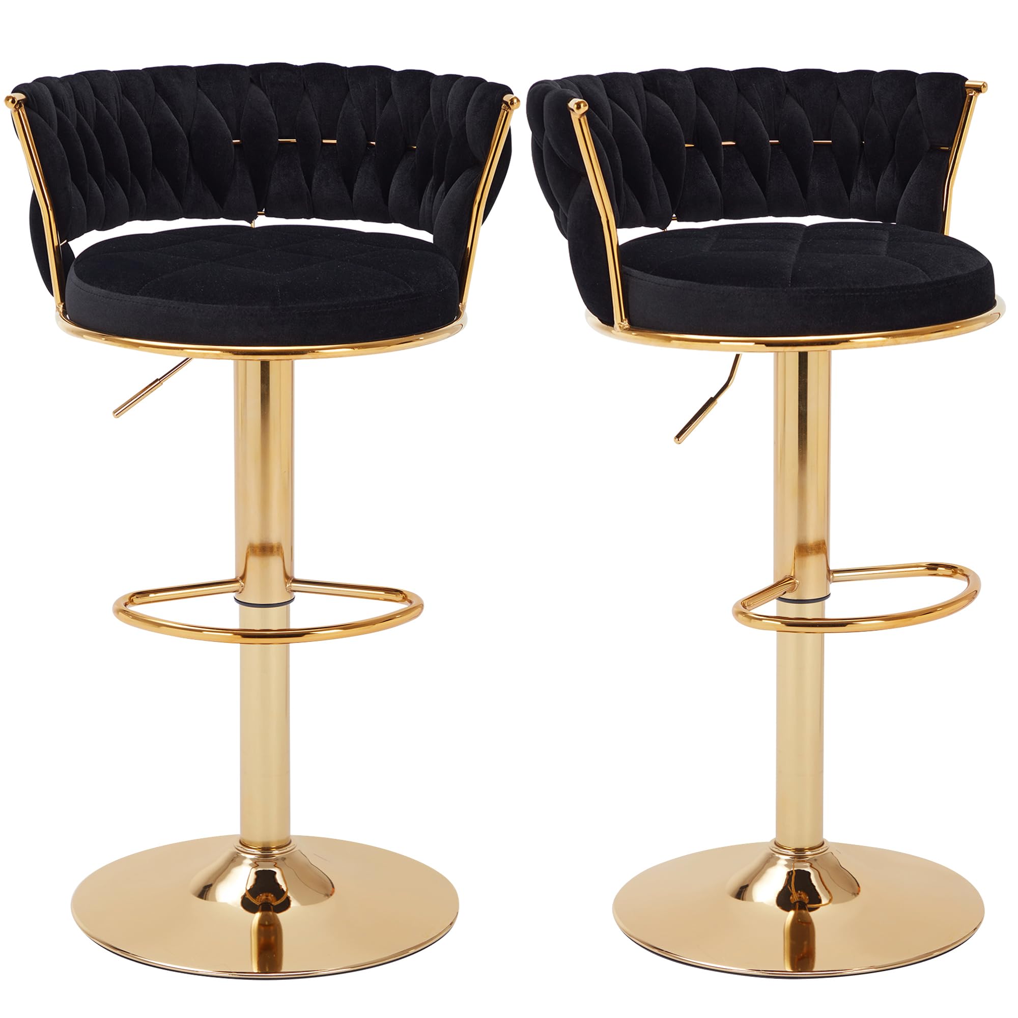 Juego de 2 taburetes de bar VECELO, altura ajustable con respaldo y brazo, tapizados en terciopelo para isla de cocina con patas y base de metal dorado, giratorios 360° para pubs y comedores, color negro.