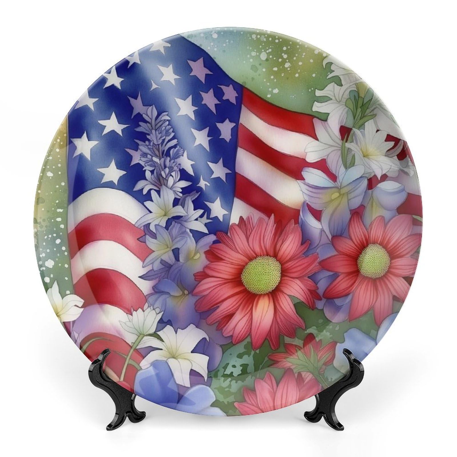 KUYT Patriotic Welcome Flower Bone China Decorative Plate Ceramic Decorative Plate for Home Office Wall Decor, with Vertical Stand Decorative Plates for Home Club