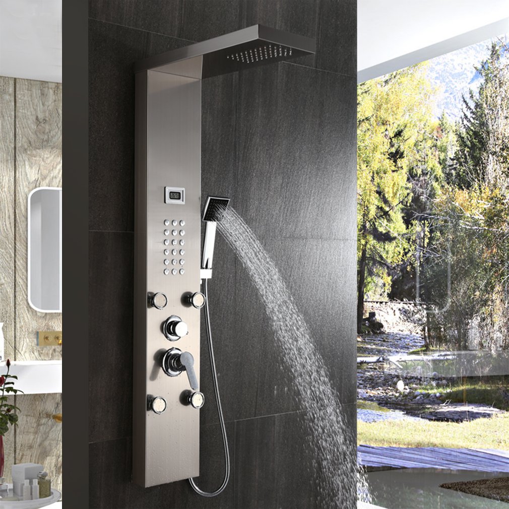 Auralum Panneau de douche en acier inoxydable avec robinetterie, 3 modes de sortie d'eau, douche complet avec affichage de la température LCD, système de douche, panneau de douche de