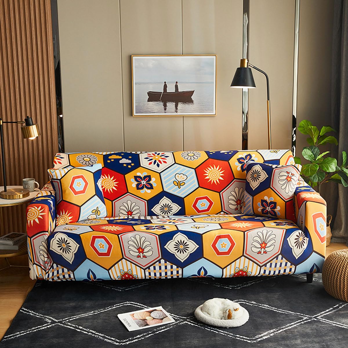 Snqzo High Stretch Sofa Cover 1 2 3 4 Seater Super Soft Sofa Slipcover Printed Spandex Couch Cover Universal Fitted Sofa Slipcover Washable Elastic Fabric Furniture (Size:2 Seater(145-185cm),Color:I)