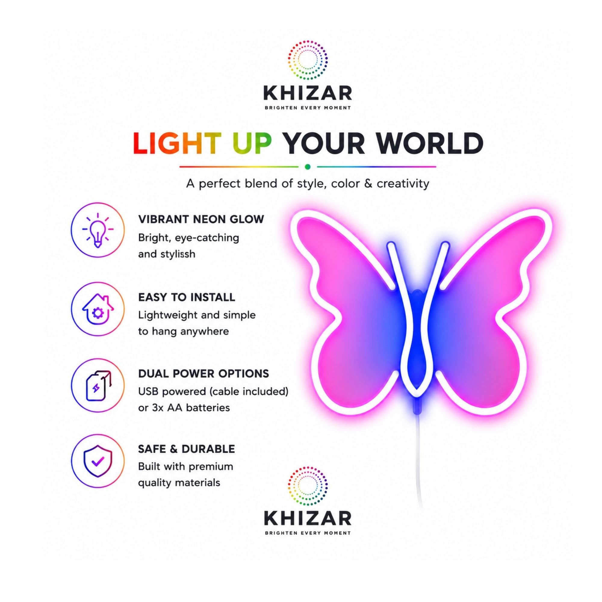 KHIZAR Butterfly Neon LED Light for Bedroom Wall Decor, USB or Battery Powered Neon Night Lamp, Aesthetic Room Decoration for Kids, Girls & Gifting (USB + Battery) 2