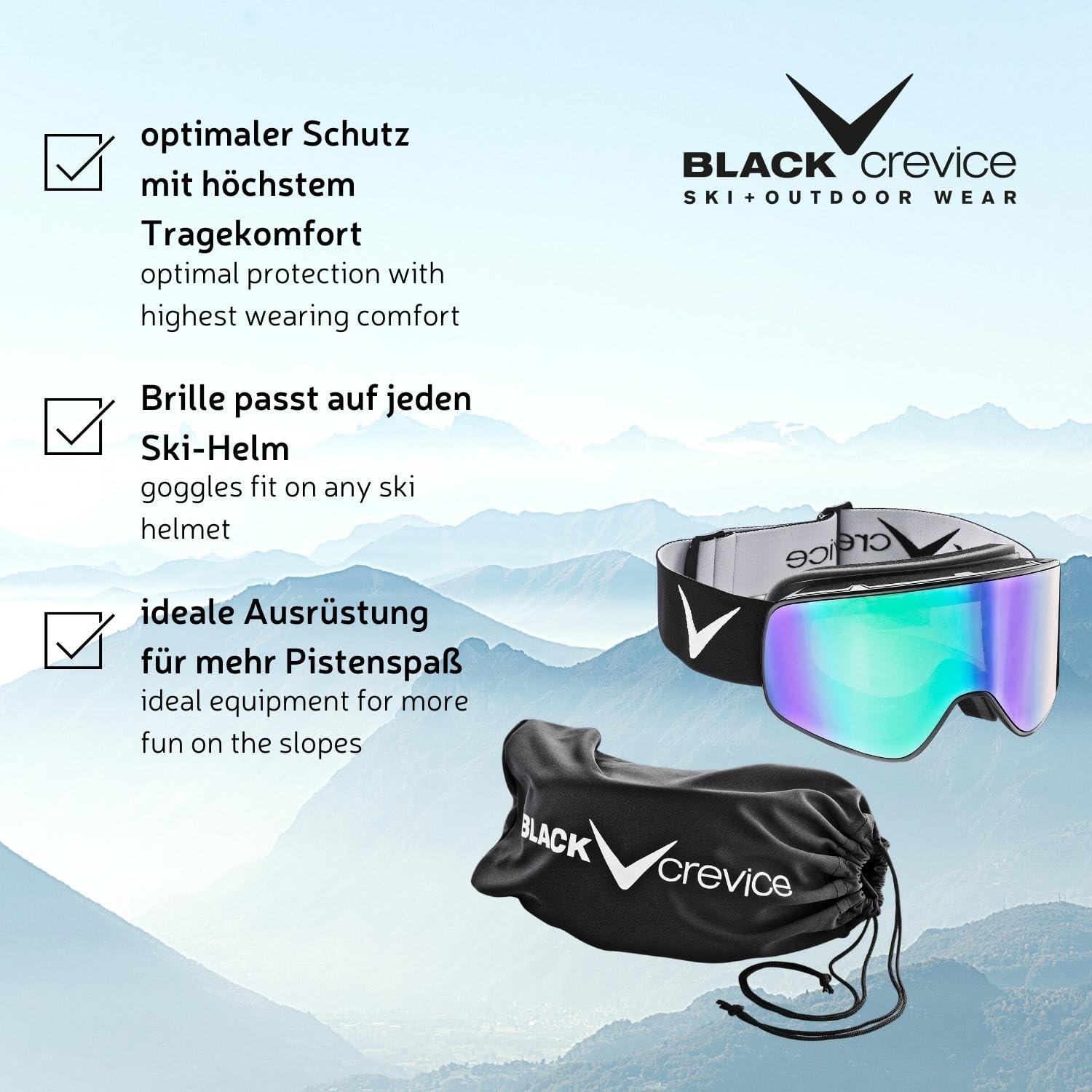 Black Crevice Skibrille im Frameless Design I Ski-Brille I wechselbare Scheibe I bruchfeste Doppelscheibe I Anti-Fog-Beschichtung & UV 400 Schutz I größenverstellbar