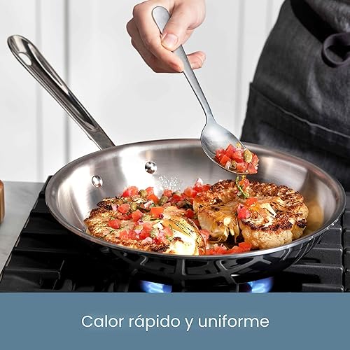 Vista 5 de All-Clad D3 Sartén de Acero Inoxidable de 12" con Tapa, Sartén de Acero Inoxidable de 3 Capas, Inducción, Apta para Horno y Parrilla 600F, Sartén