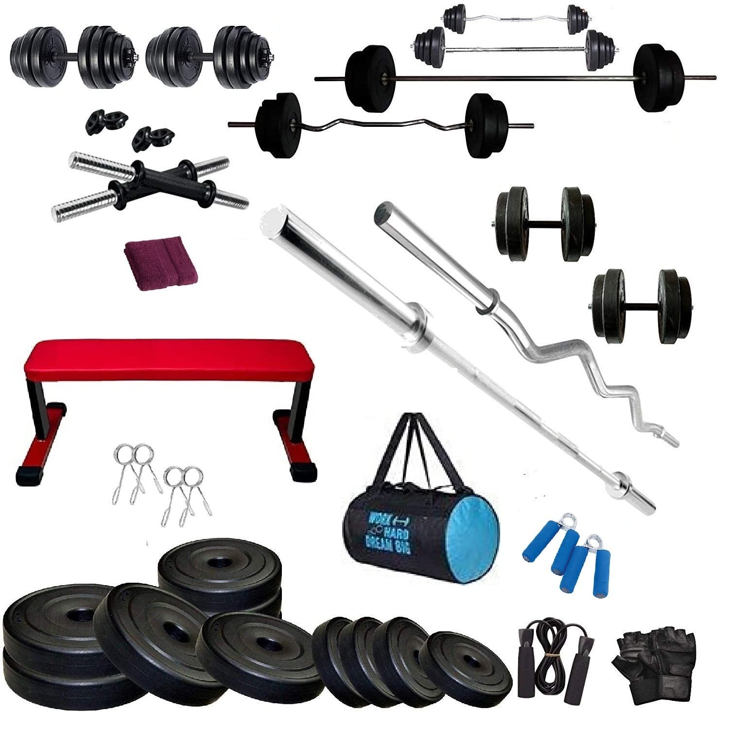BODYFIT Home Gym Set Combo Kit, Equipment, (20Kg-100Kg) Weight Plates, 3Ft Curl, 5Ft Plain Rod, Flat Big Foot Bench,2 Pcs Dumbbell Rods,Fitness Exercise Set. (100 Kg Gym Set) (B0B3VRXQKS) Amazon Price History, Amazon Price Tracker