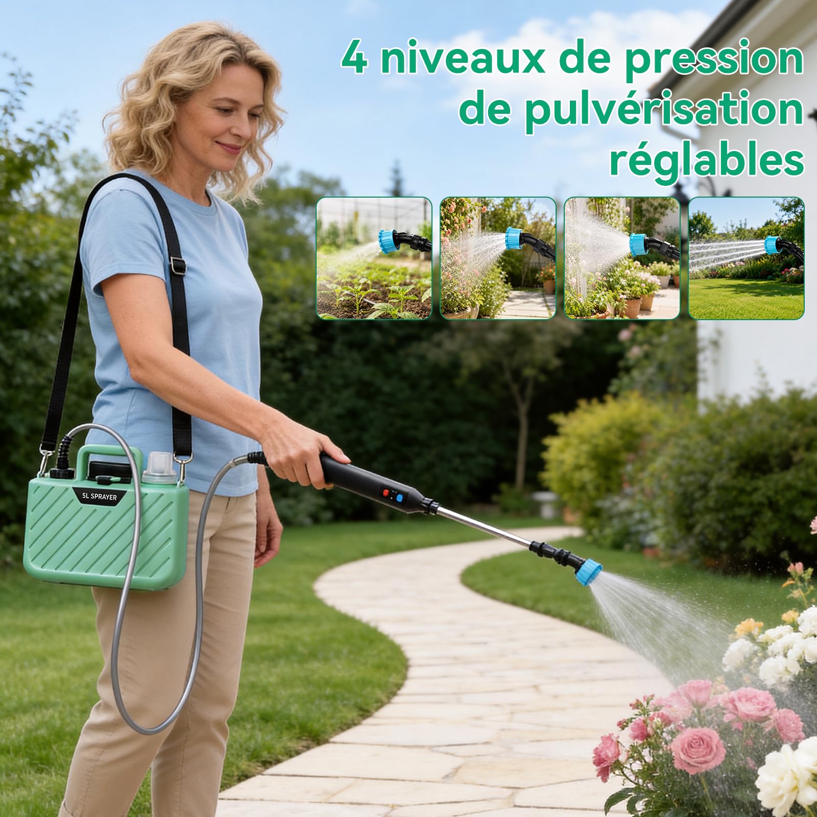 MANKIW Pulvérisateur à pression sans fil 5 l, pulvérisateur à pression électrique avec 3 buses, batterie USB, avec tige télescopique et bandoulière, pulvérisateur de jardin électrique pour plantes