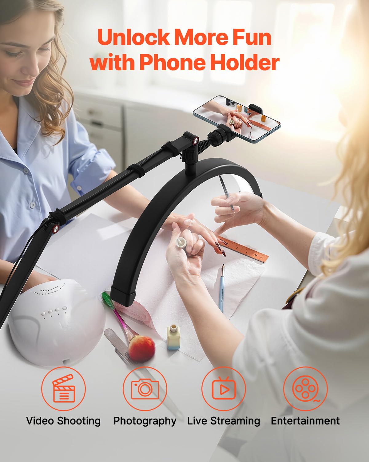 VEVOR Lampe d’Esthéticienne Demi-lune de Table, Lampe LED Arc pour Manucure Extension de Cils 20 W, Luminosité et Température de Couleur Réglables, avec Support de Téléphone, pour Beauté, Sourcils