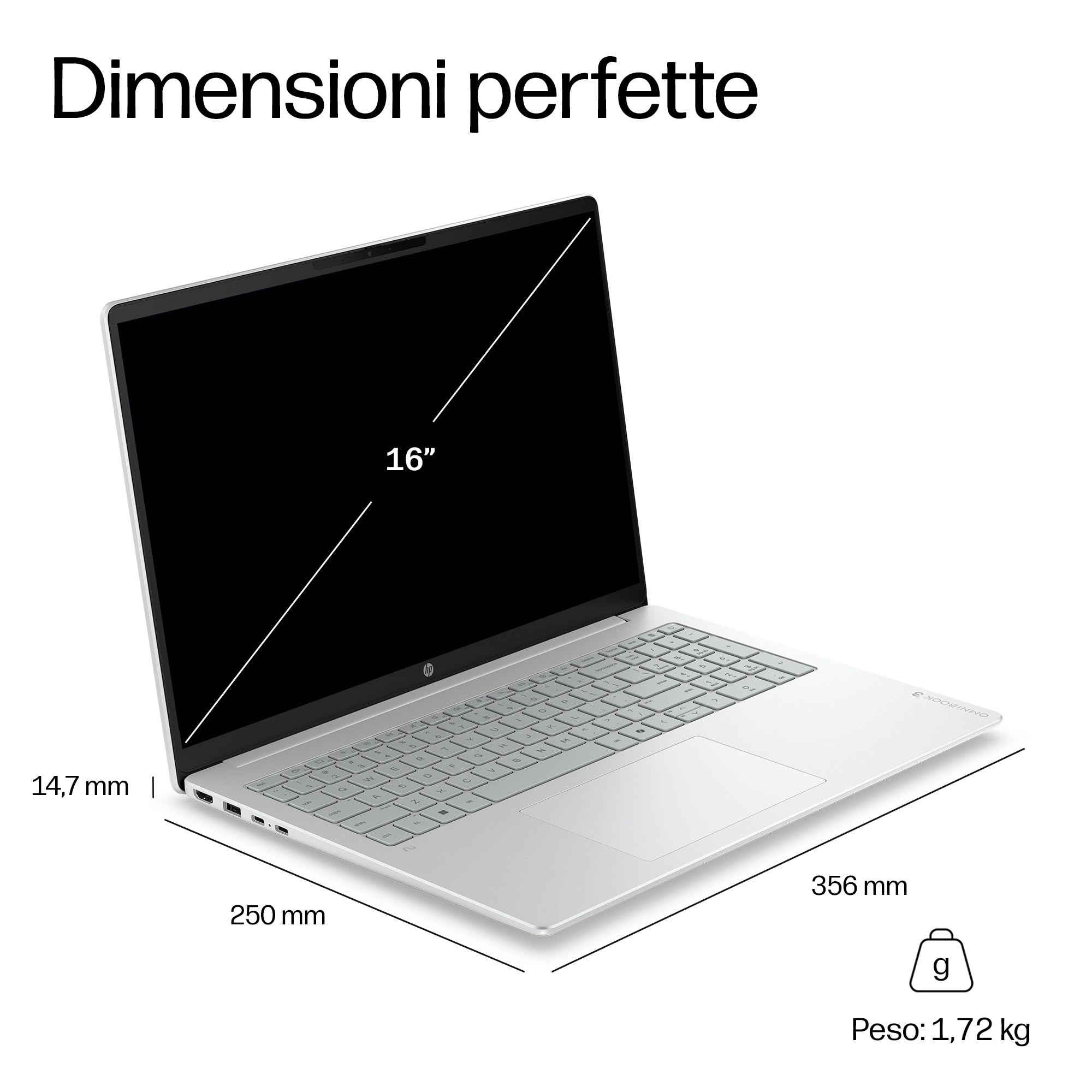 HP OmniBook 3 16-by0001slx, Notebook, AMD Ryzen 5 130, 8 GB RAM, 512 GB, AMD Radeon 660M integrata, Display 16" 2K IPS Antiriflesso 300 nits, Laptop, Windows 11, Portatile, Argento