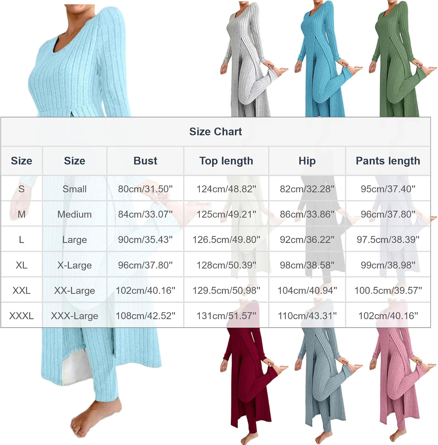 Womens Rib Knit Pajamas Lounge Sets Long Sleeve High Slit Sleep Dress and Long Pants Matching Sleepwear Loungewear