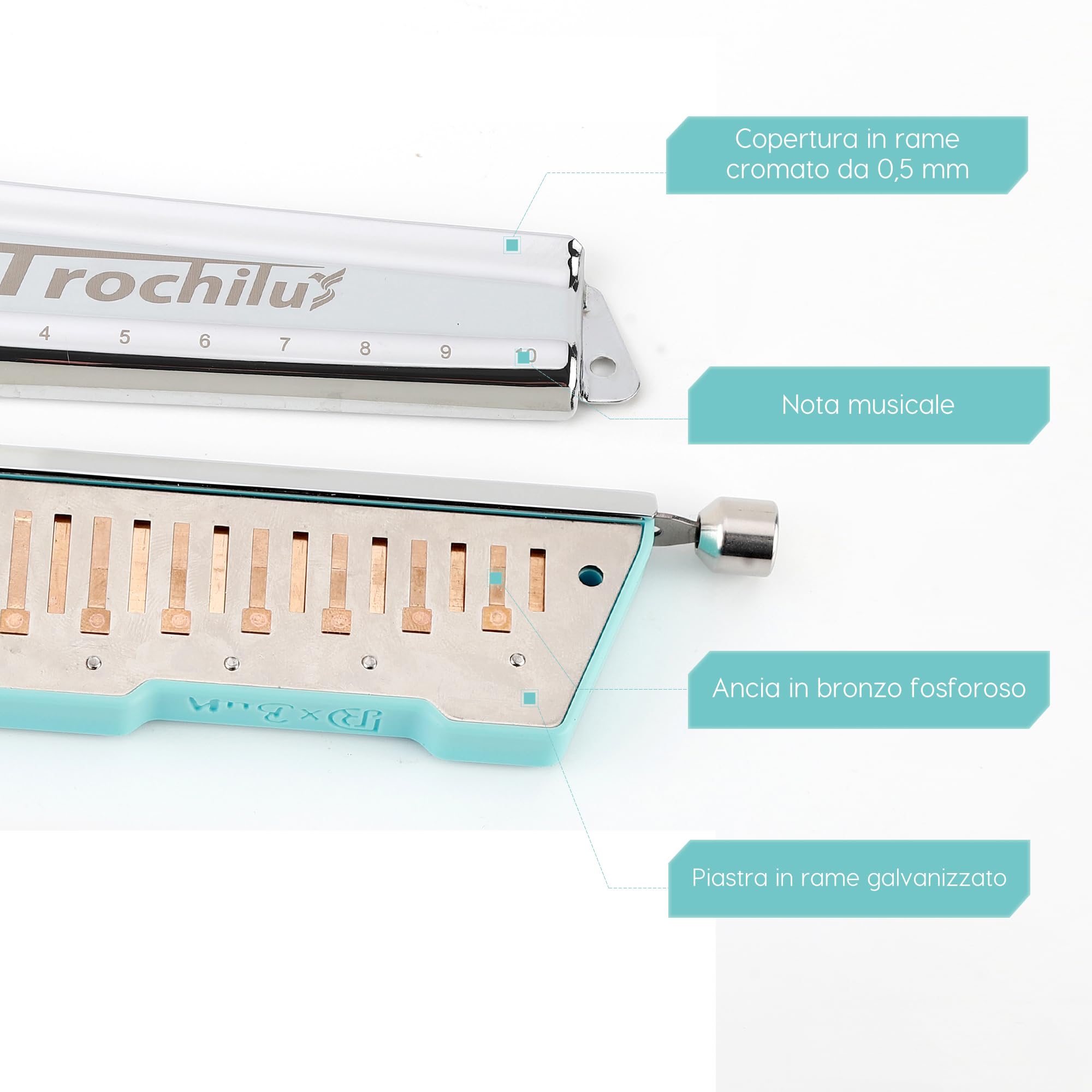 JDR Trochilus 10 fori Armonica cromatica chiave di C Armonica senza valvole Arpa Organo a bocca Chromonica con custodia per adulti professionisti principianti (Blues/Ritcher Tuning Key of C)