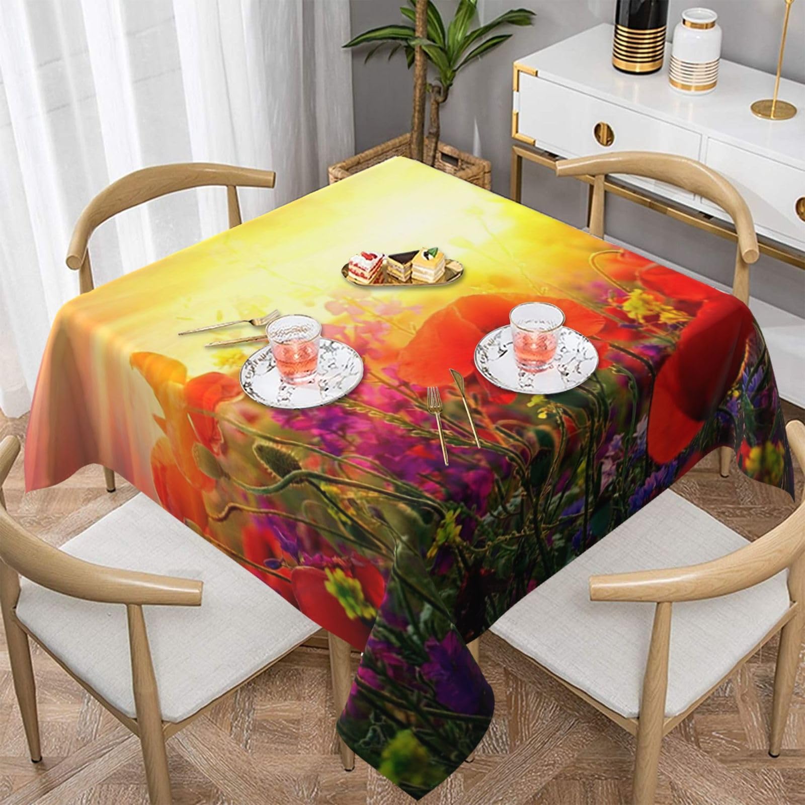 DCEHGEW Sunrise Red Flowers Prints Square Tablecloth 152x152 CM, Waterproof Fabric Table Cloth for Dining Table, Farmhouse Table Cover for Kitchen Dining Tabletop Decoration