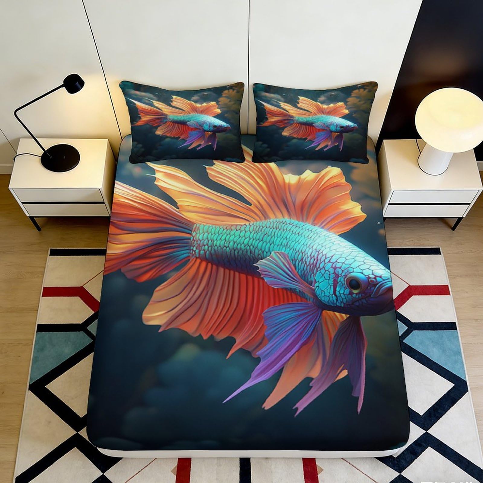 3D Printed Betta Fish Fitted Sheet Microfiber Vibrant Ocean Fantasy Bed Cover Non-slip Machine Washable Bedroom Decor 90x200x25cm