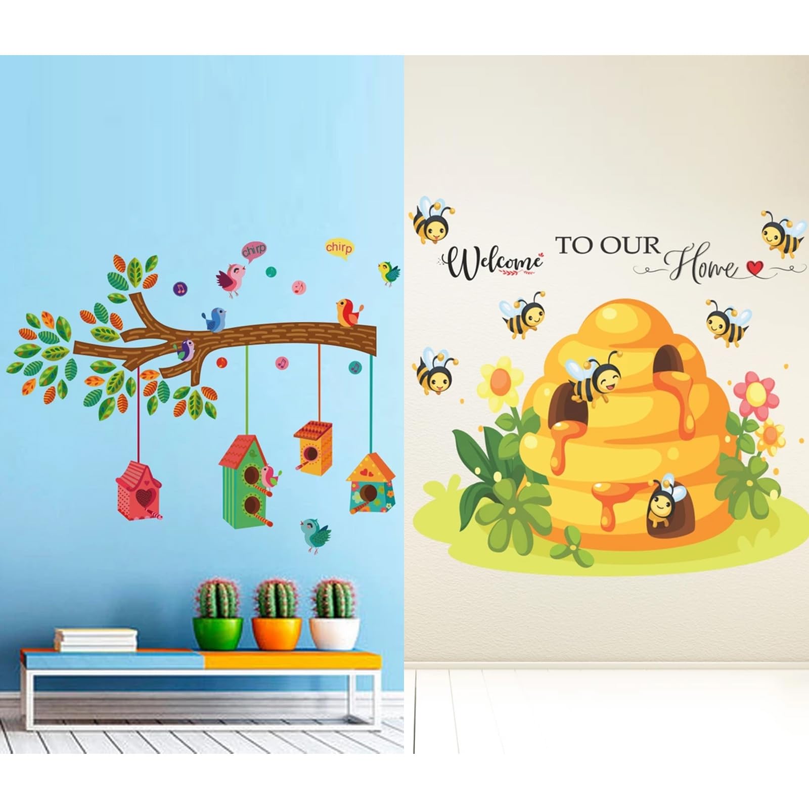 ESP Creation Combo Set of 2 Welcome Honey Bee | Bird House On A Branch Wall Decals for Hall, Bedroom & Kitchen