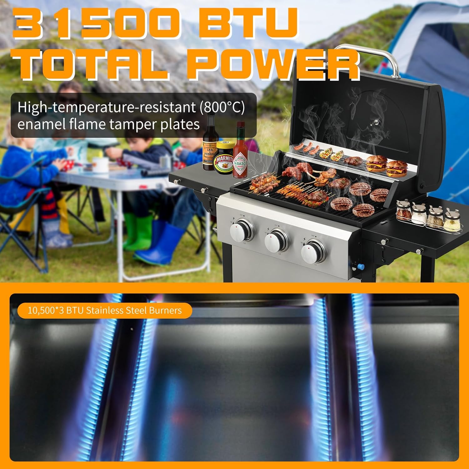 CIG GARDEN 3-Burner Propane Gas Grill,Outdoor Barbecue Grill with Side Tables and Wire Enamel Cooking Grids,31,500 BTU Output Stainless Steel BBQ Grill for Patio Garden Camping Backyard
