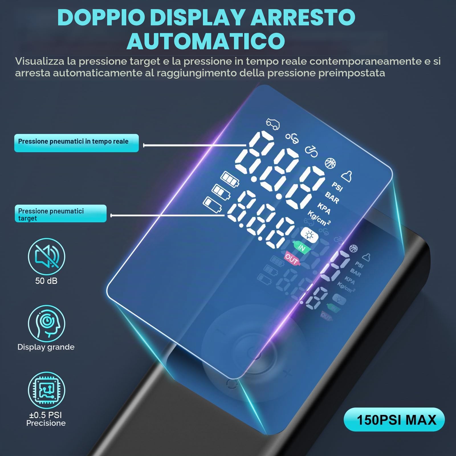 Pompa ad aria elettrica, compressore a batteria, 150 PSI, 7800 mAh, portatile, con schermo LCD digitale