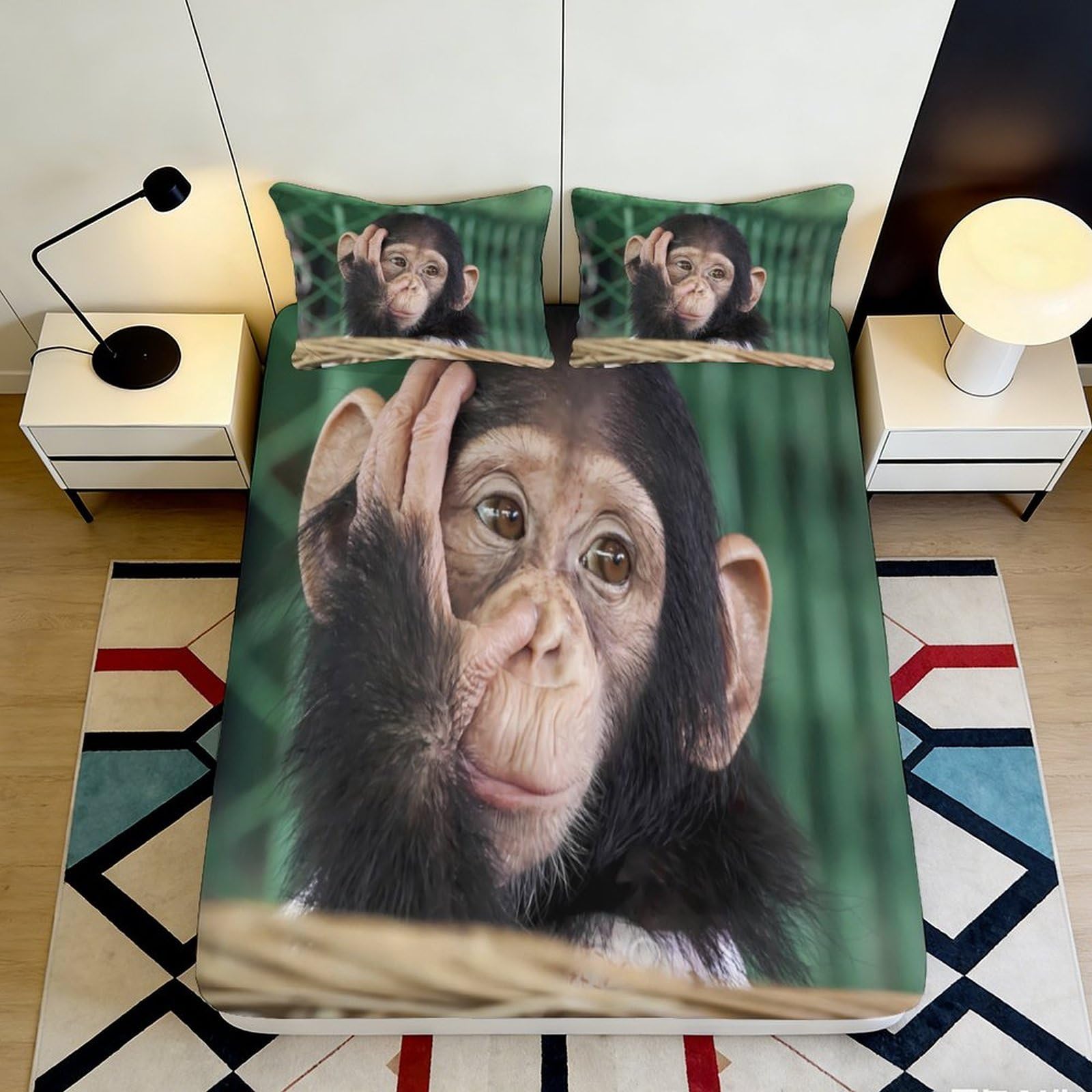 3D Printed Monkey Pattern Fitted Sheet Microfiber Deep Pocket Bedroom Set Monkey Mattress Fitted Cover Non-Slip for Adults 200x200x25cm