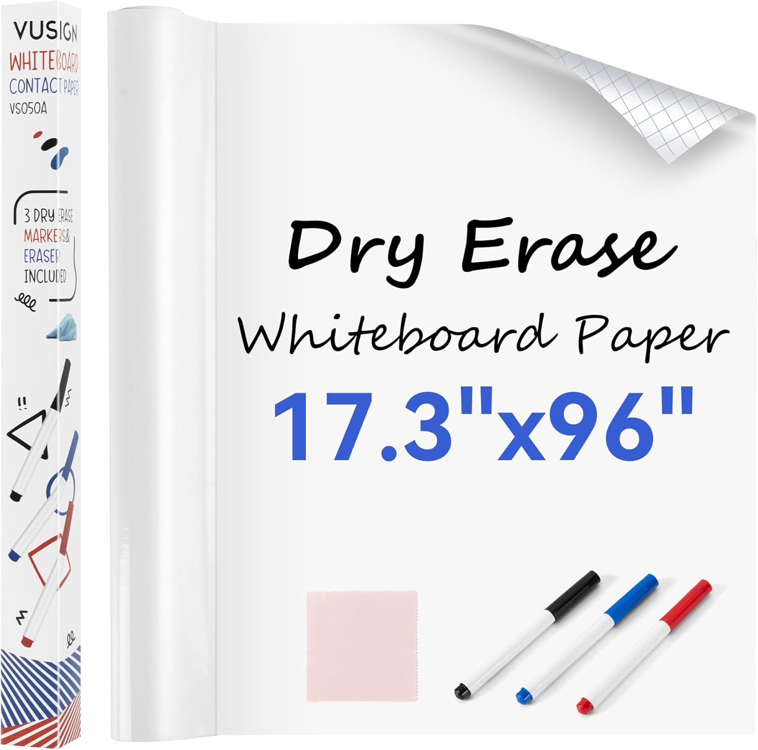 vusign whiteboard sticker for wall, 96" x 17.3" dry erase board wallpaper peel and stick?self-adhesive white board for school, office, home, kids drawing with 3 pen, 1 cleaning cloth