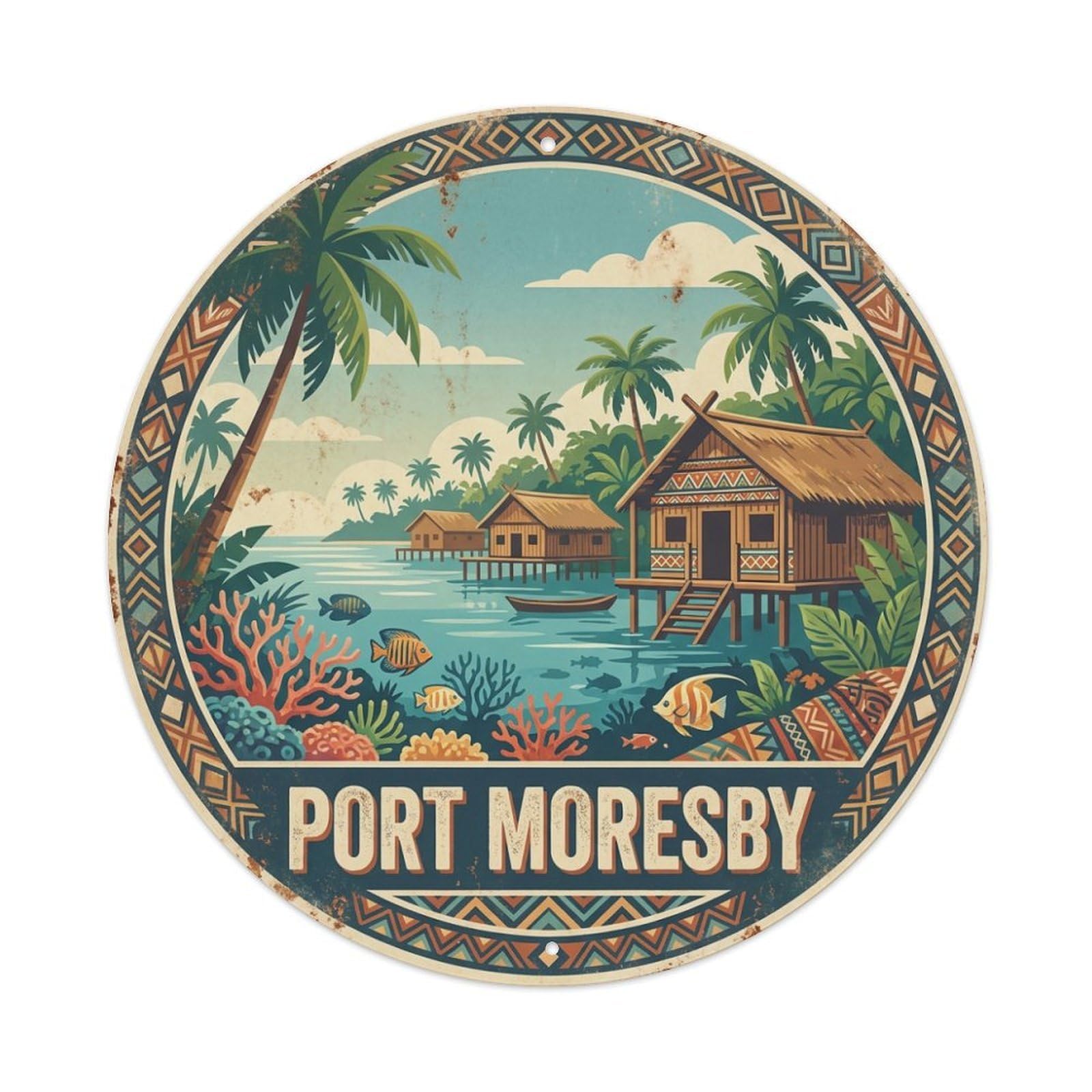 Vintage Travel Papua New Guinea Port Moresby Metal Tin Sign
