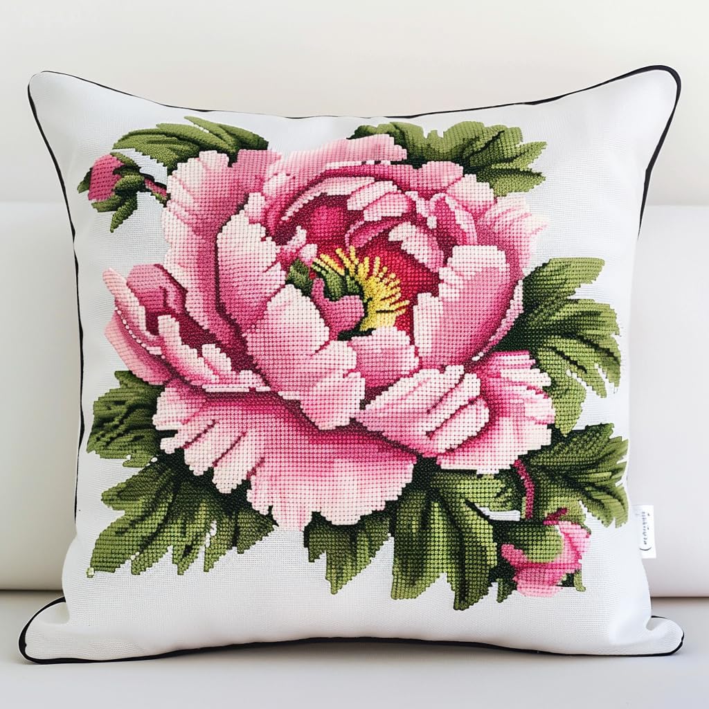 WallustrioaW Latch Hook Pillow Case Kits Embroidery Kits Blooming Pink Peony Flowers,Needlework Latch Hook Cushion Cover,DIY Home Decorations Handmade Craft Kits,17x17inch