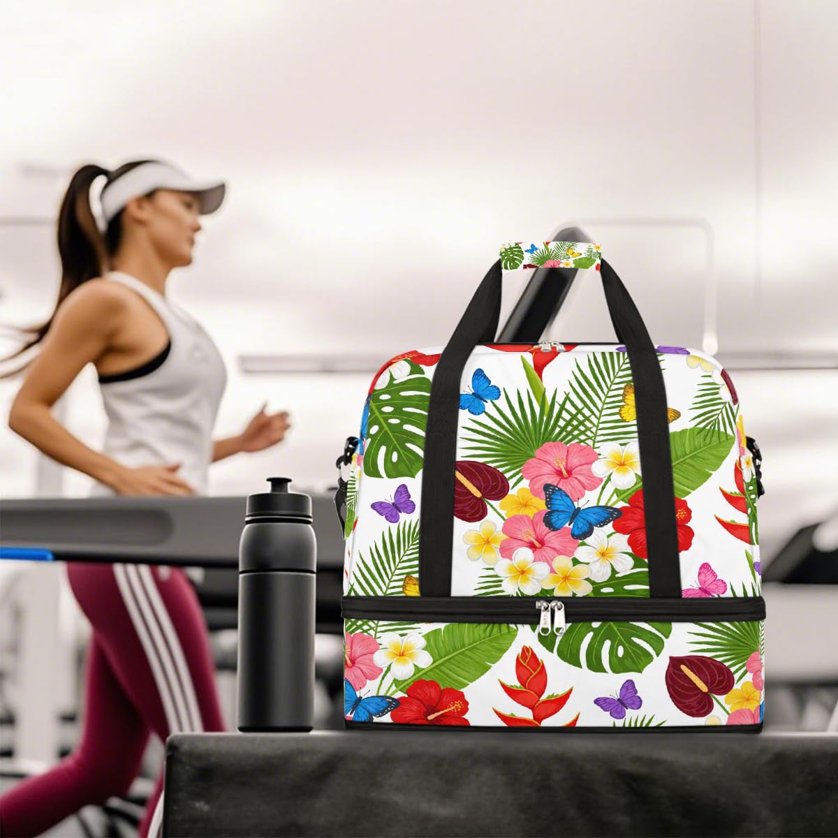 Borsone da viaggio pieghevole con motivo floreale tropicale e farfalla, borsa da palestra espandibile con scomparto per scarpe, borsa da weekend di grande capacità, borsa da portare con sé, per viaggi