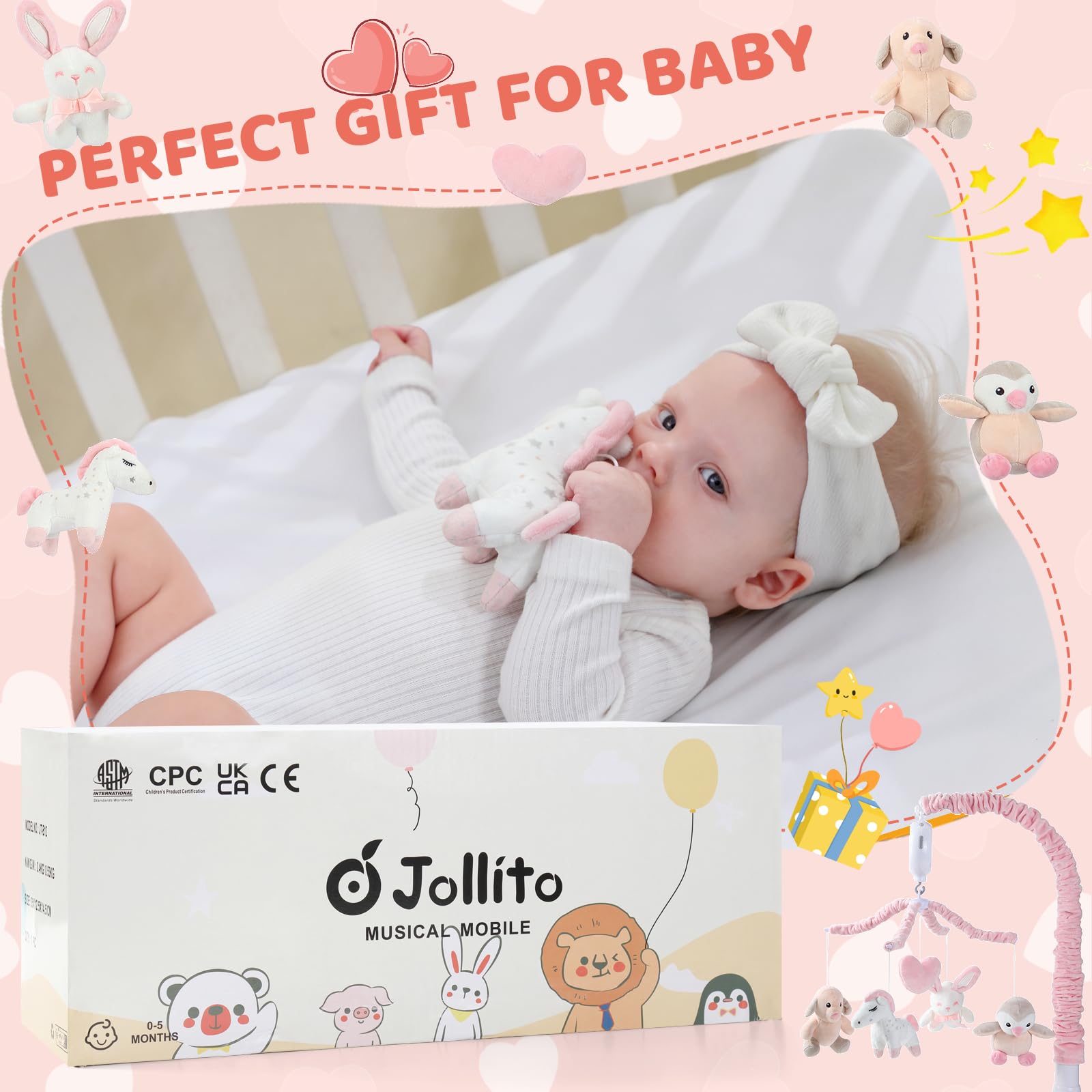 Móvil de cuna para niñas, móvil musical rosa suave para cuna con 12 canciones de cuna, brazo giratorio y juguetes de animales de peluche desmontables, decoración de guardería, móvil de bebé 6
