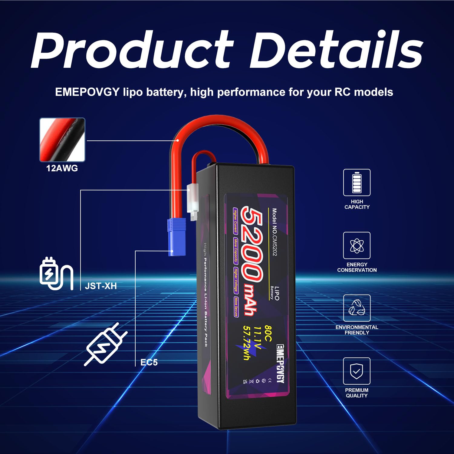 Batterie Lipo 11,1 V 3S 5200 mAh 80 C Lipos coque rigide avec connecteur EC5 pour voitures télécommandées véhicules RC 1/8 1/10 (lot de 2)