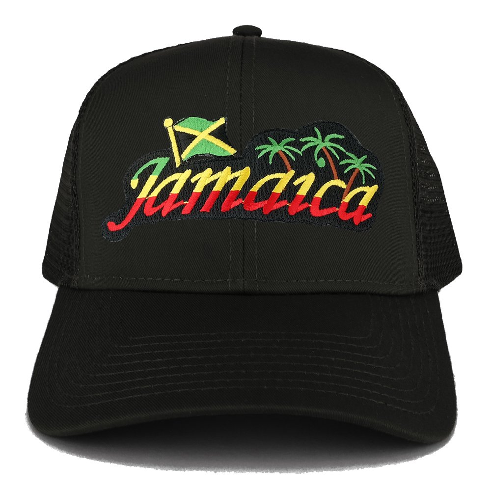 Armycrew RGY Rasta Jamaica Text Island Palm Tree Iron on Patch Ajustable Trucker Cap, Black, One size