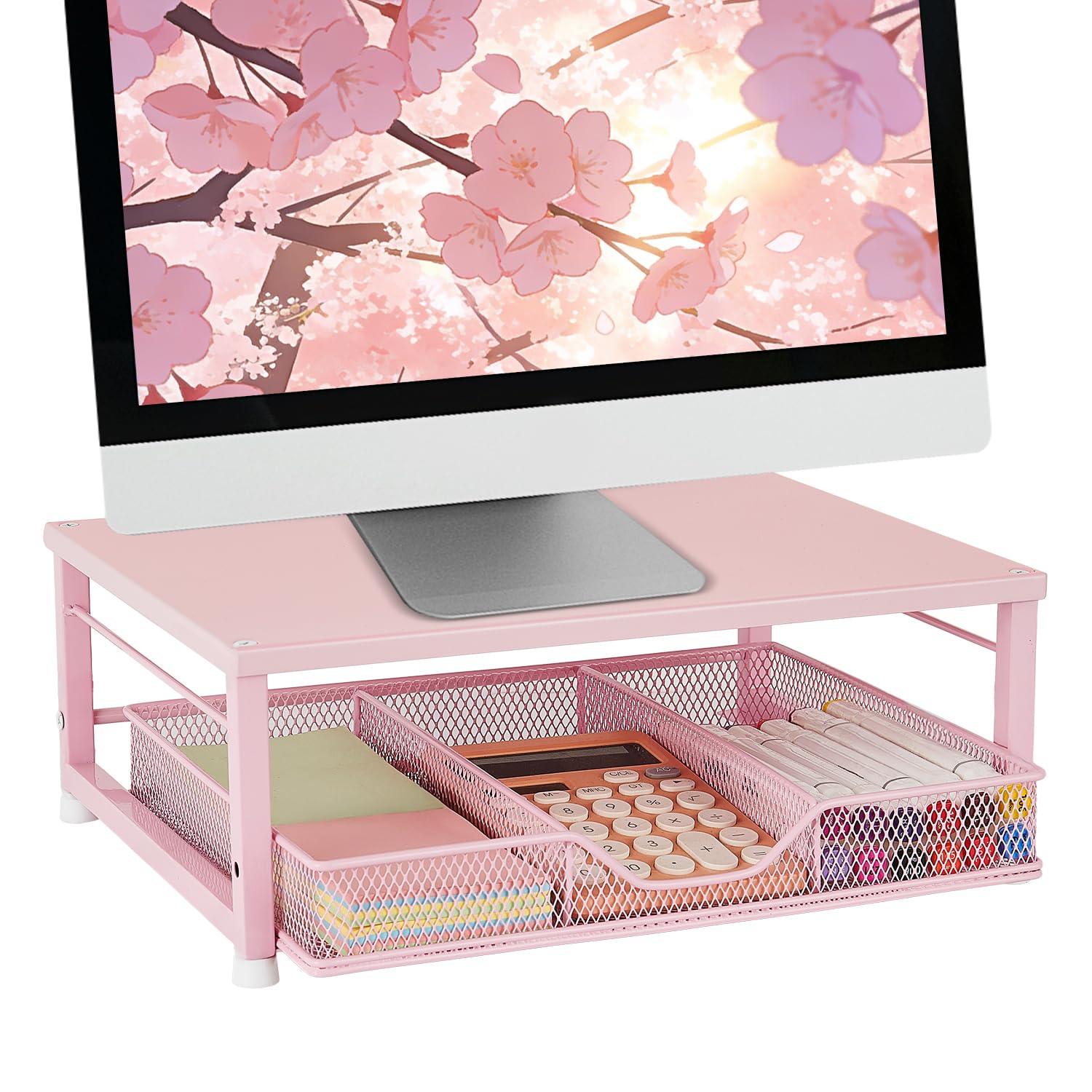 Small Pink Laptop Stand for Desk Monitor Stand Office Desk Accessories Computer Desktop Stand with Drawer for Home