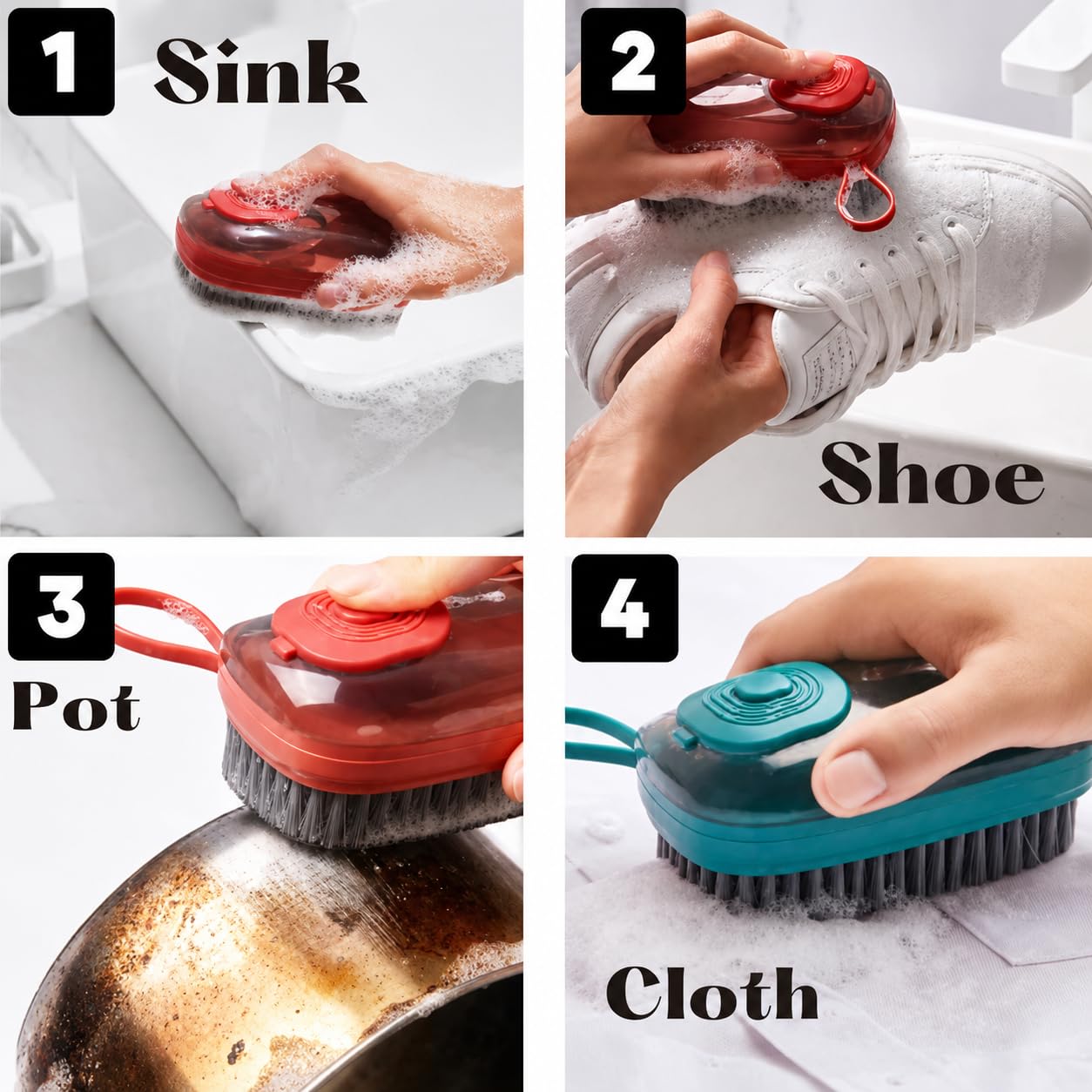 GUJISH Dispensing Cleaning Brush with Liquid Dispenser Cabin | Multipurpose Dish Scrub Brush for Kitchen, Sink, Shoes, Clothes & Pots | Soft Nylon Bristles | Refillable Soap Brush | Multi Color