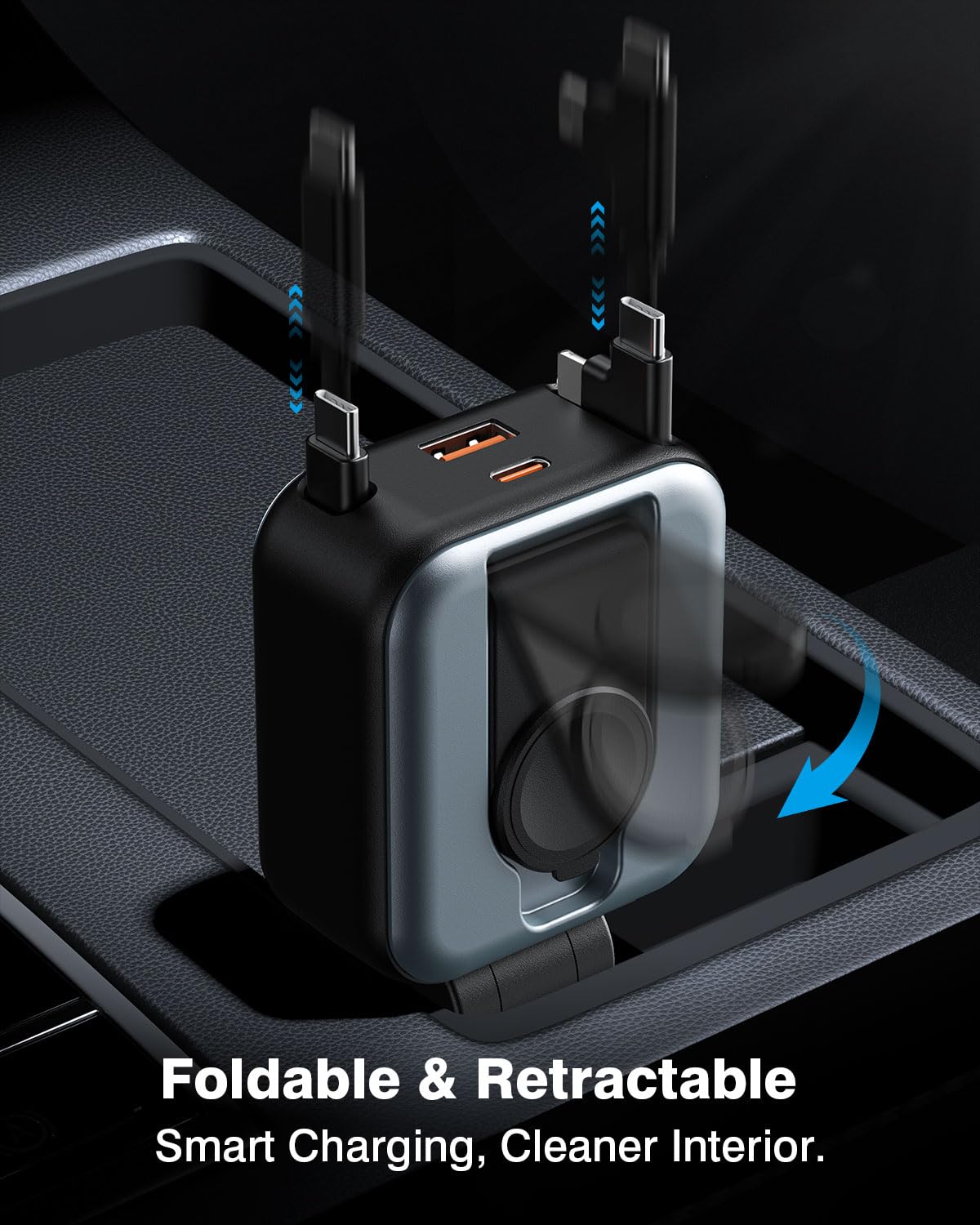 Cargador de coche retráctil 6 en 1, 100 W USB C + USB A de carga rápida para iPhone 17/16/15/14/13/12/11, iWatch, Android, accesorios esenciales de viaje, regalo para hombres y mujeres (gris)