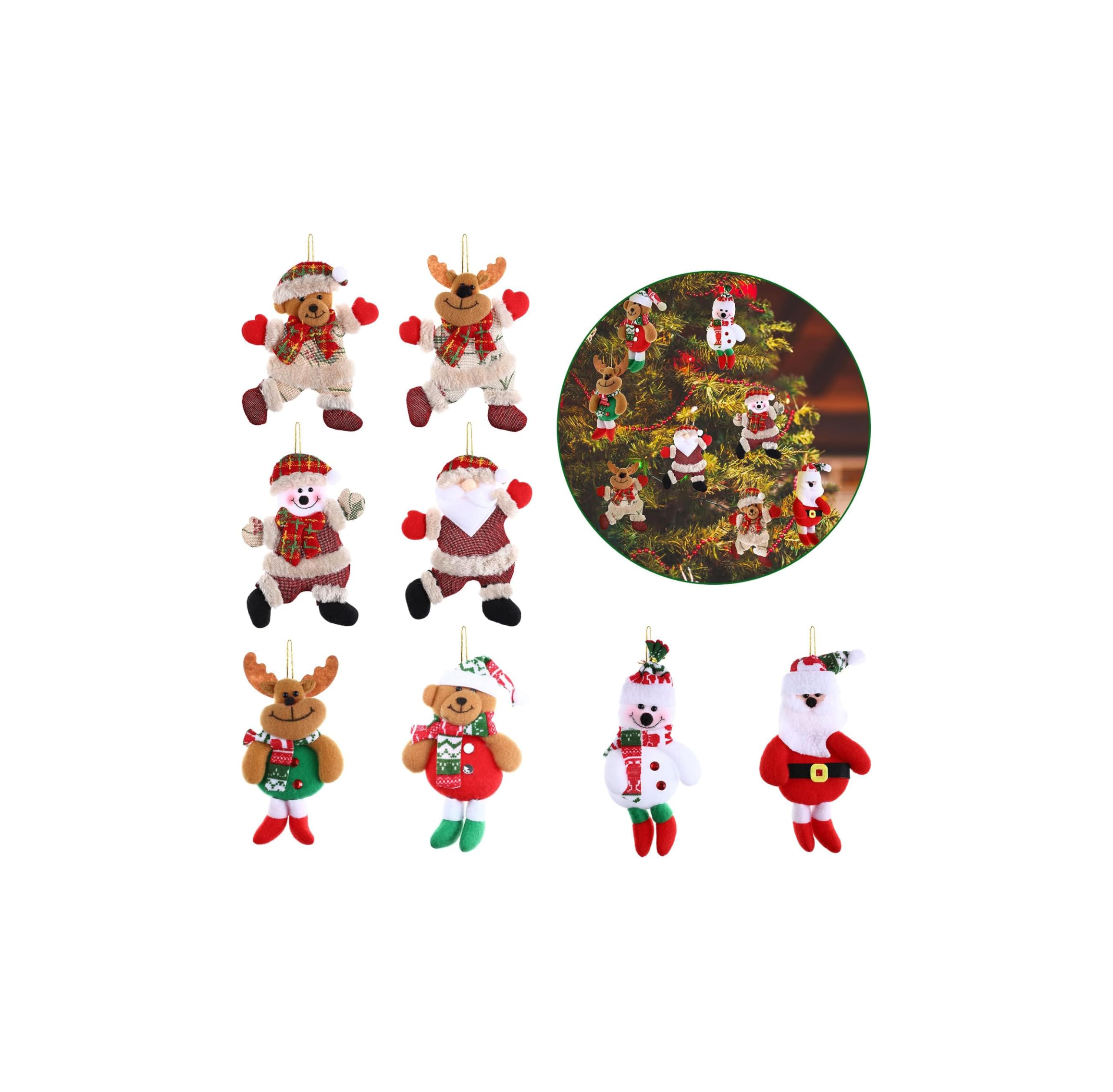 8 Pieces 3D Christmas Tree Plush Ornaments, Santa Clause, Snowman, Reindeer, Bear, Plush Decoration for Christmas Tree Party