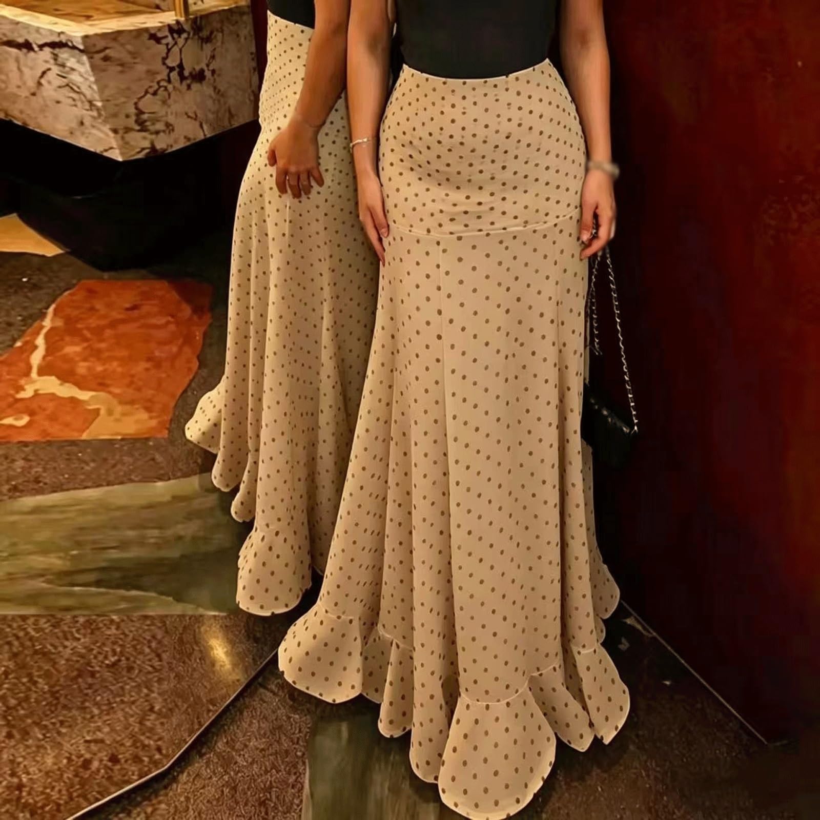 DUddTTW Slim Women's Midi Skirt Polka Dot Midi Length Flowy Skirt High Waisted Swing Skirt Maxi Skirts Ankle Length Skirts Fashion(Khakicolor,Lagre)