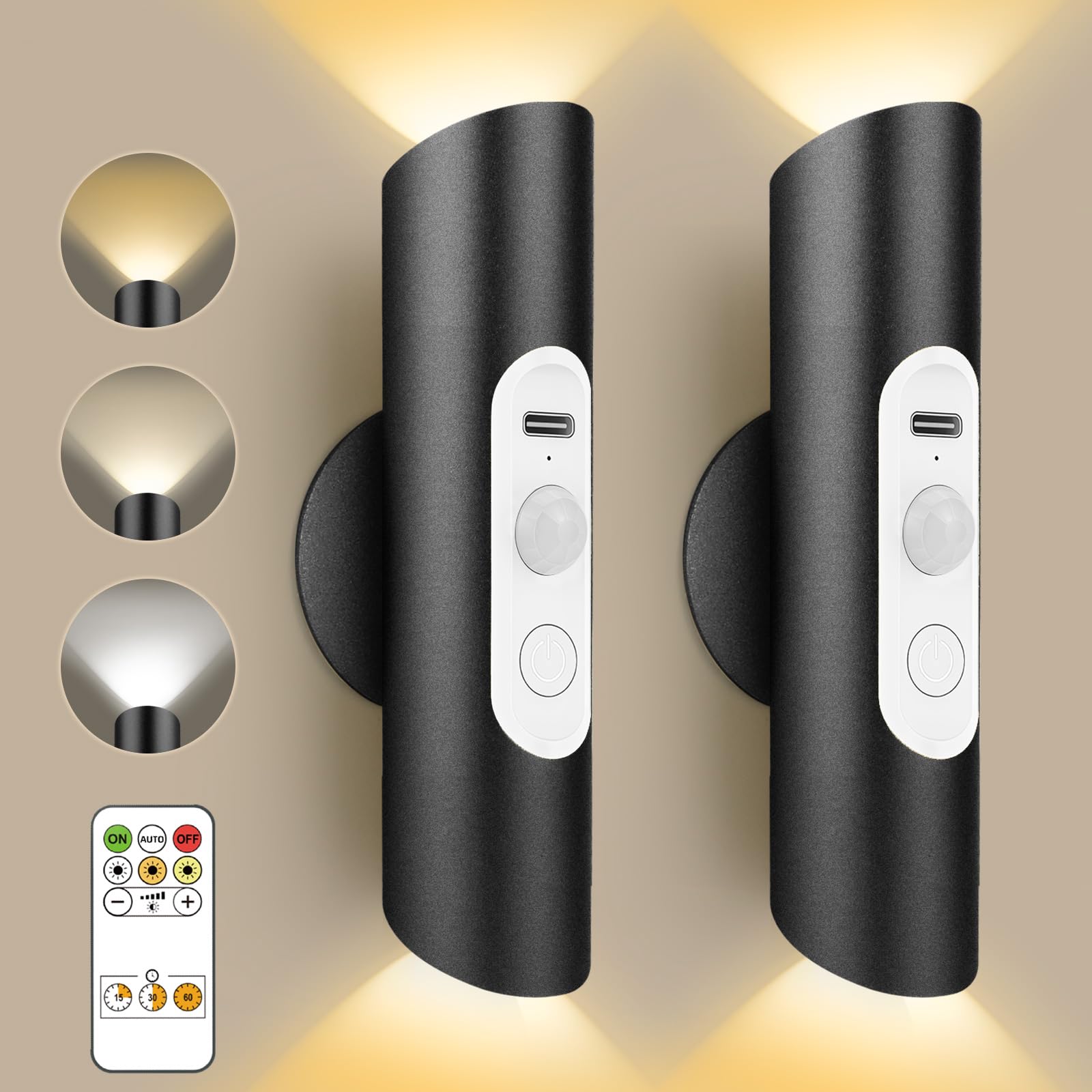 Lacasa Rechargeable Motion Sensor Wall Lights Indoor, 2 Pack Wireless Dimmable Battery Operated Wall Sconces, 3 Modes Remote Control Magnetic Up and Down LED Night Light for Bedroom Stair, Black Metal