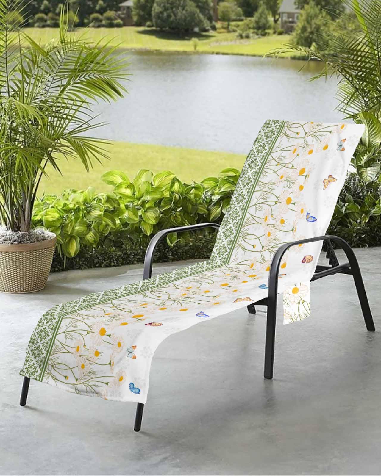 Daisy Floral Beach Chair Towel Covers for Chaise Lounge with Side Pocket, Soft Plush Pool Towels Cover for Patio Sunbathing Outdoor 29''x85'' Botanical Watercolor Green Spring Summer