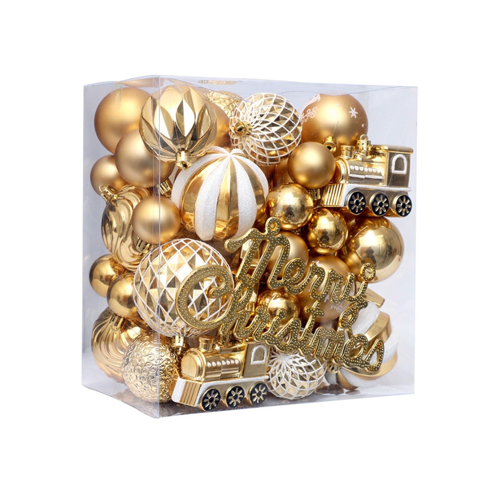 65-teiliges Weihnachtsbaumschmuck-Set, Verschiedene bruchsichere Kunststoffkugeln und „Frohe Weihnachten“-Schilder, dekorative Hängekugeln for Weihnachten(Gold)