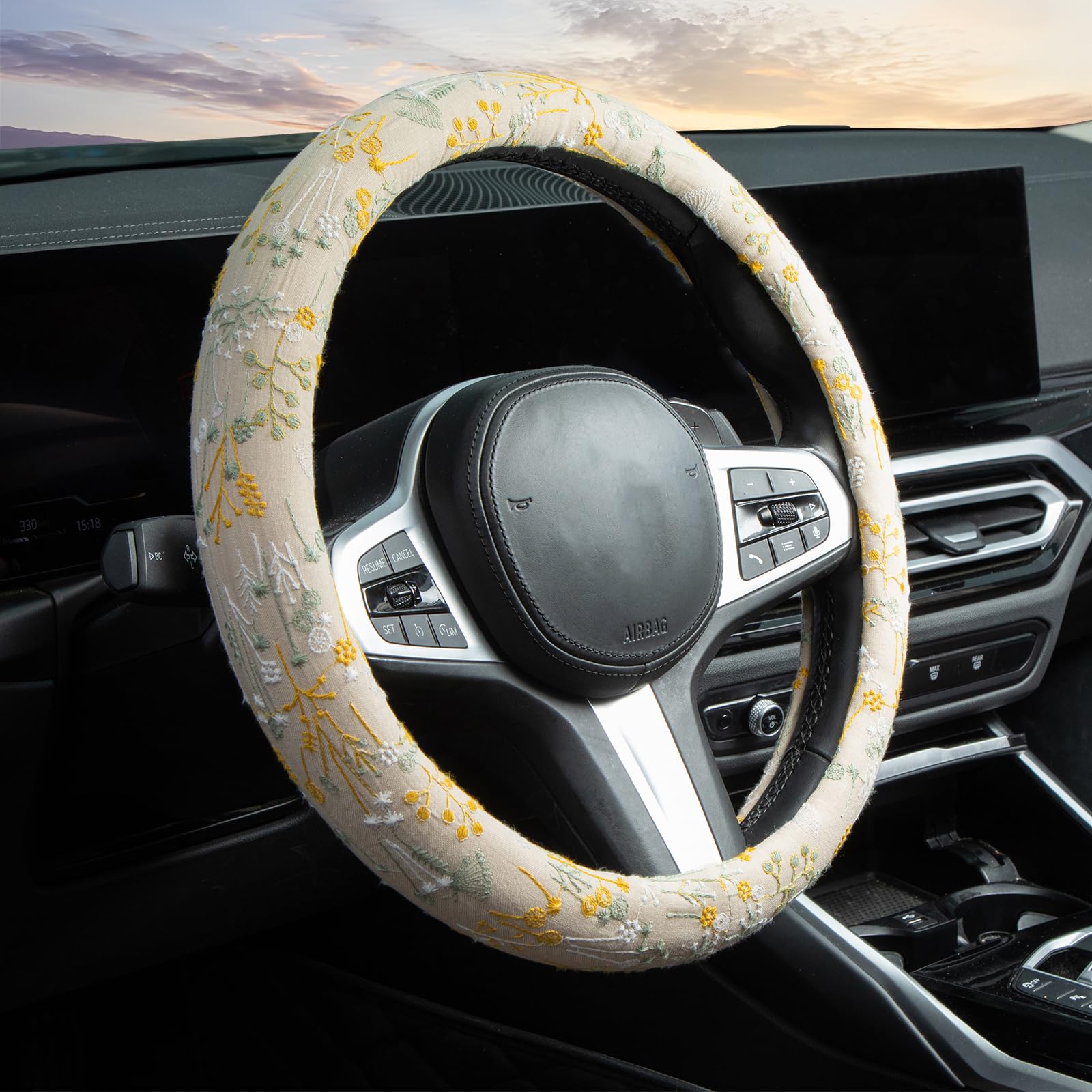 Funda para volante con flores esféricas beige, con bordado automático, antideslizante, transpirable, absorbe el sudor, accesorio universal para coche de 14, 5 y 15 pulgadas, compatible con la mayoría de coches, camiones y SUV.
