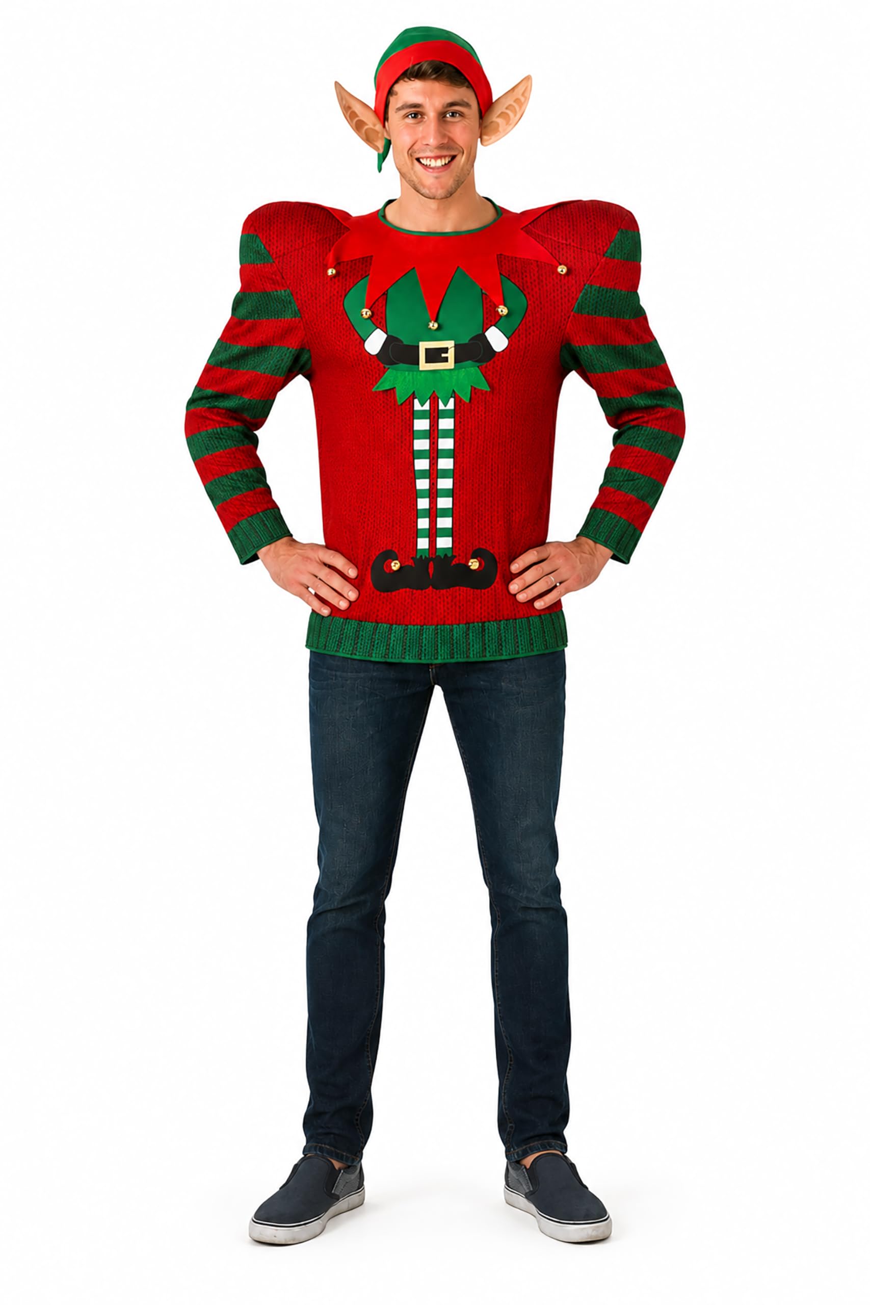 Mens Christmas Jumper Funny Novelty Xmas Sweater Elf Snowman Hat (Elf)