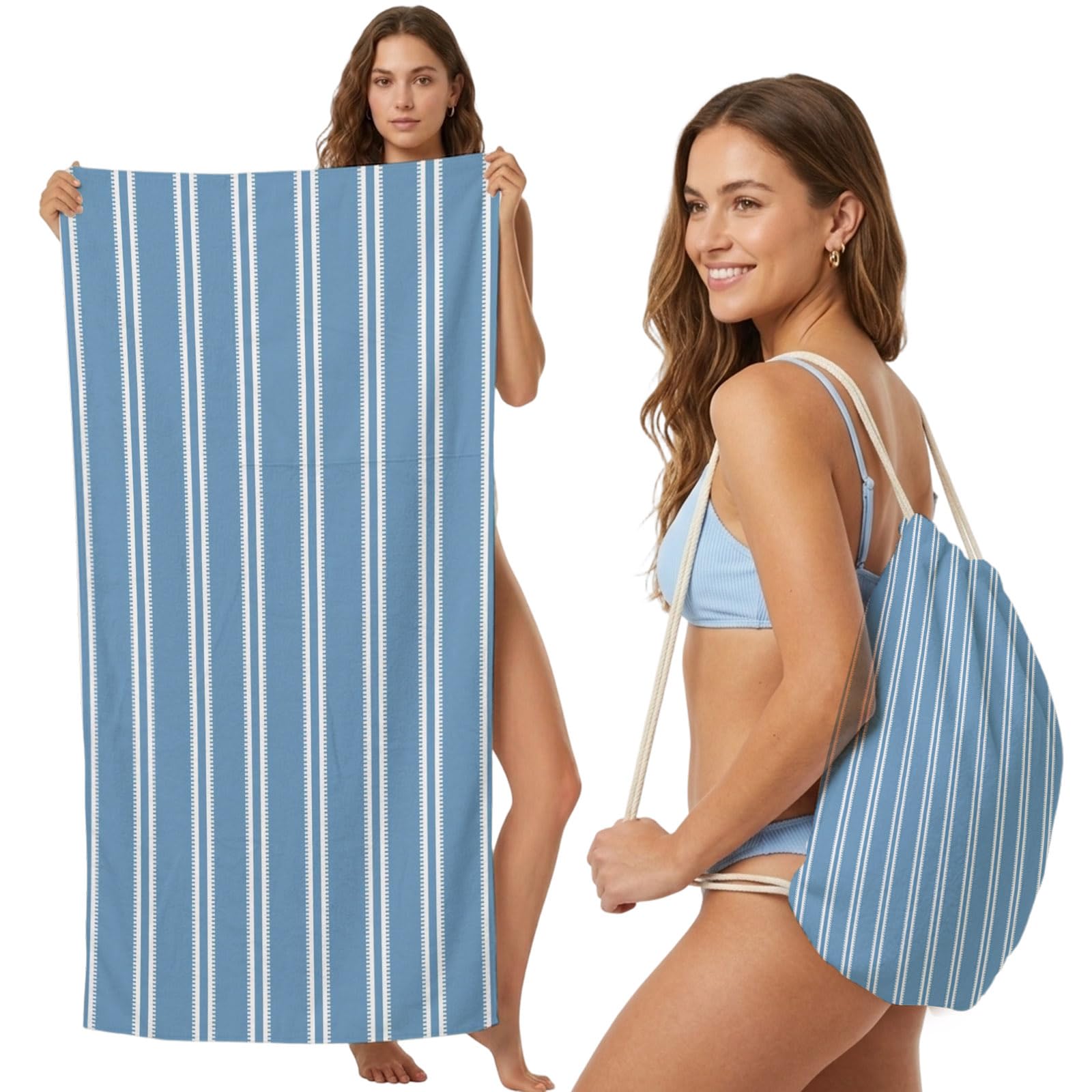 Beach Towel Bag 2 in 1 Blue Vertical Striped Bath Pool Towels Backpack Pinstripes Lines Absorbent Beach Towel Soft Quick Dry Lightweight Packable Towels Drawstring Bag for Travel Camping Sports Yoga