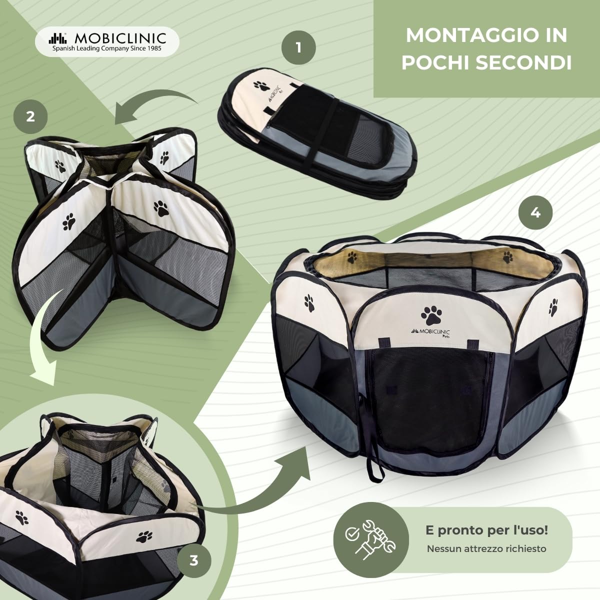 Mobiclinic® Pets, Recinto per cani, Pieghevole, 114x114x58 cm, Scooby, 2 Accessi, 8 Finestre, Elastico per il ripiegamento, Per interni ed esterni, Tessuto in rete 600D, Facile da pulire, Grigio
