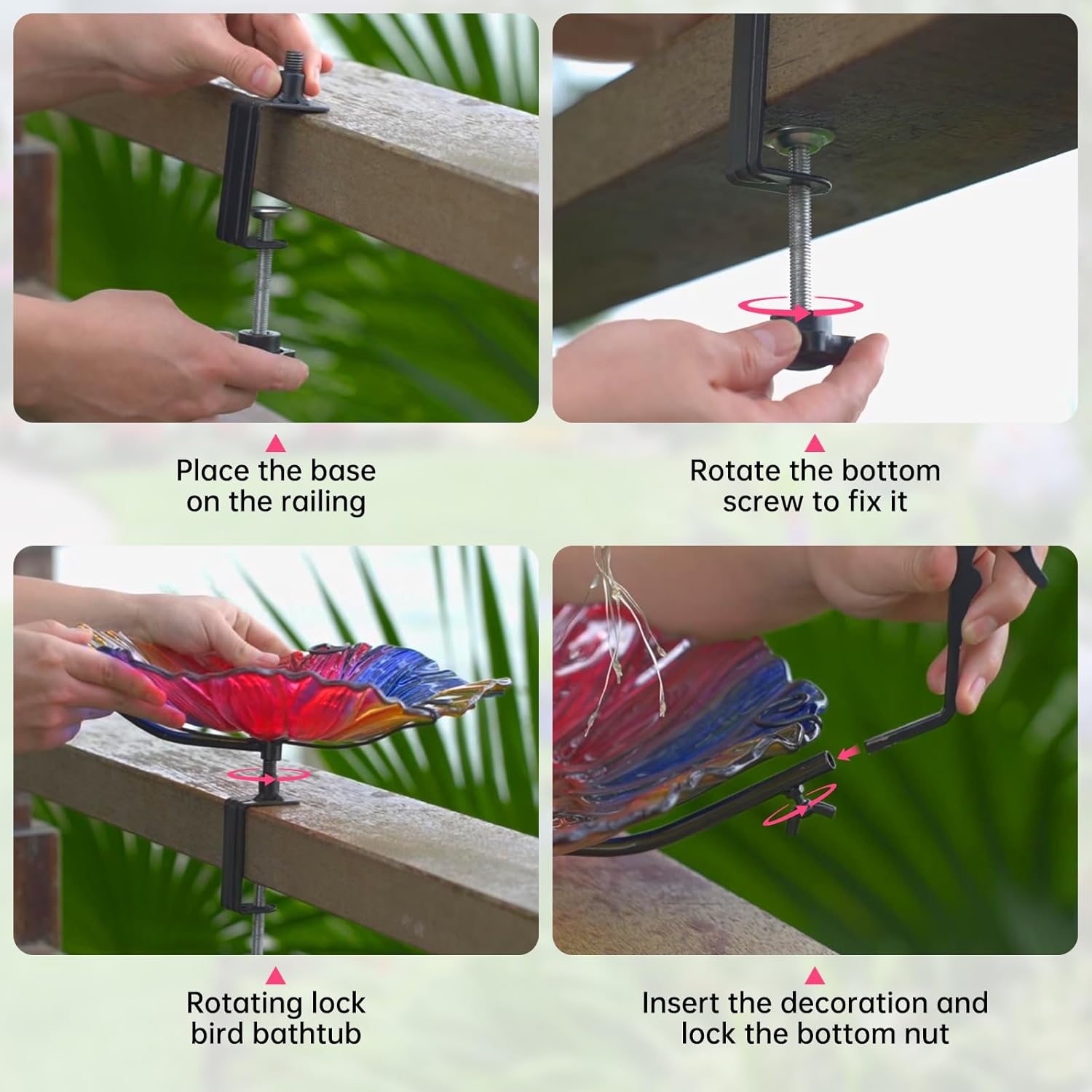 VChymm Solar Glass Colored Bird Bath，Birdbaths Deck Mounted 19.5 Inches Bird Bath 4 Inches Deck Adjustable Steel Clamp，Balcony Railing Birdbaths, Fence Clamp Detachable…