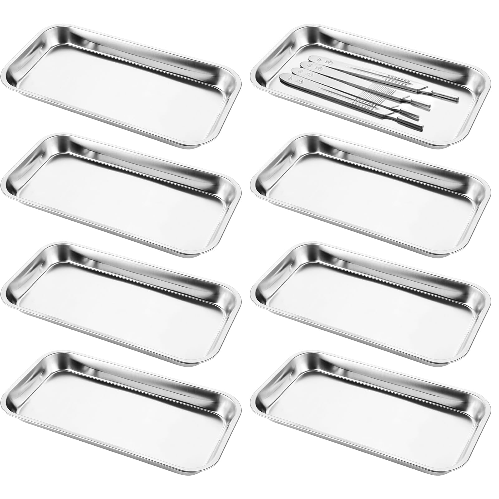8 vassoi rettangolari per strumenti, in acciaio inox, rettangolare, piccolo vassoio da laboratorio in acciaio inox, per laboratorio, clinica, piatti da portata medici, 22 x 12 x 2 cm
