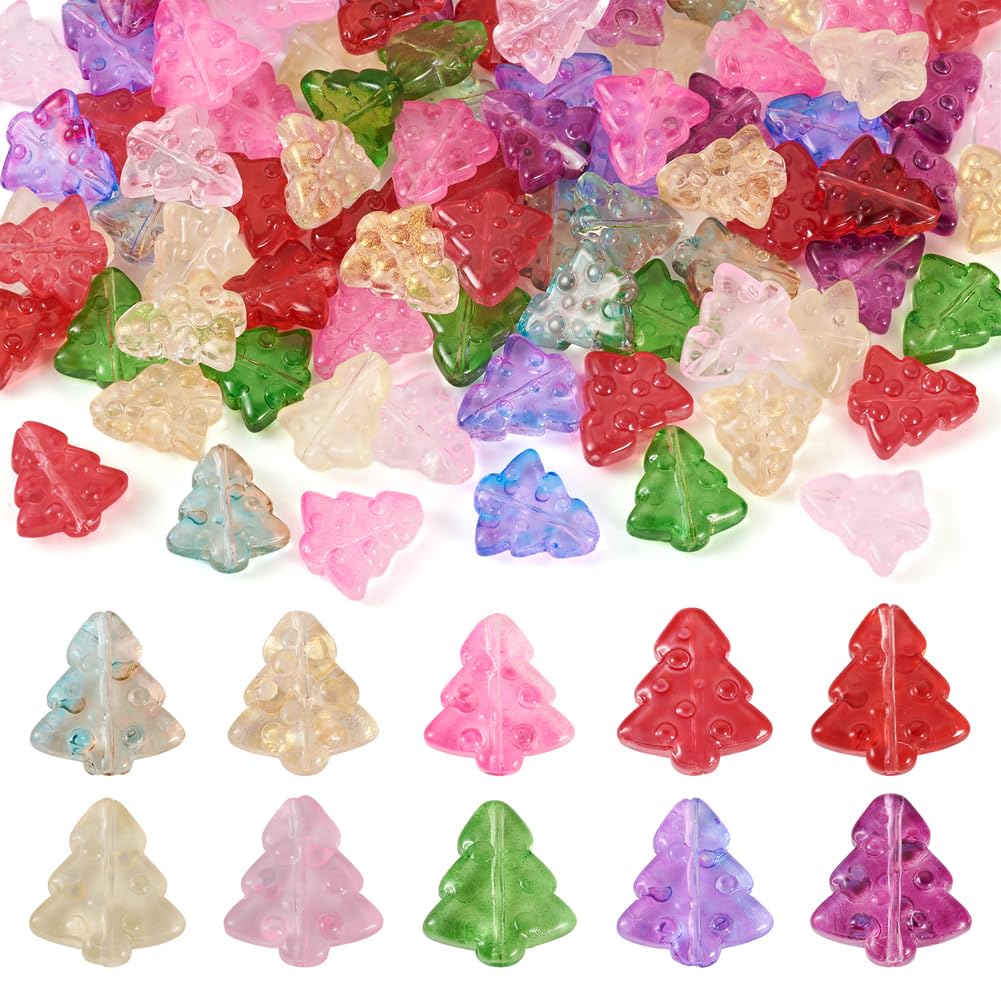 Cheriswelry 100Pcs Christmas Tree Handmade Glass Beads with Gold Foil Mixed Color Cute Cartoon Spacer Beads for Jewelry Making