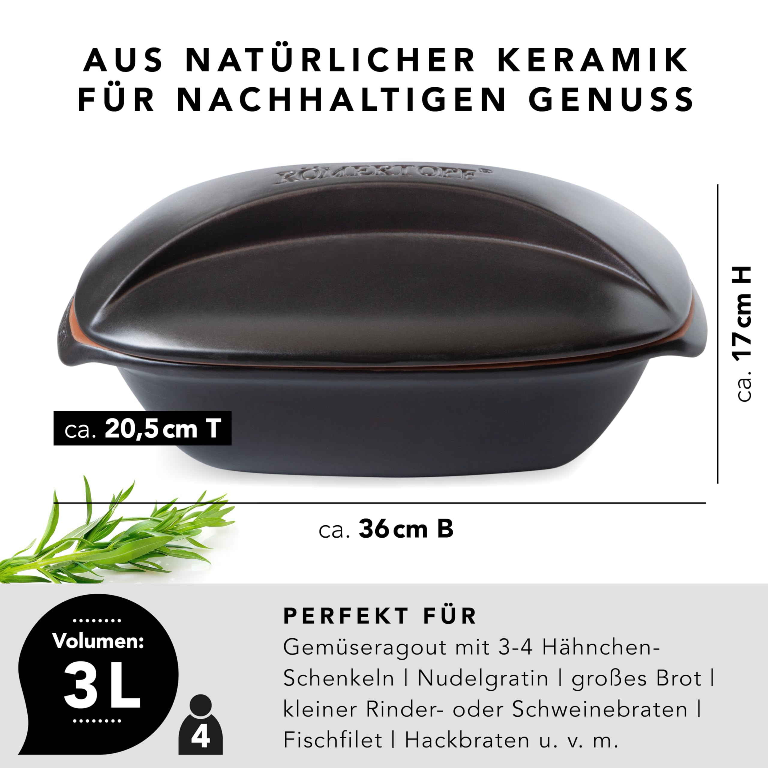 Römertopf Bräter CULINARIO für 4 Personen - 3 Liter Schmortopf mit Deckel aus Keramik – Zum Schmoren, Braten und Dampfgaren - Backofengeeignet