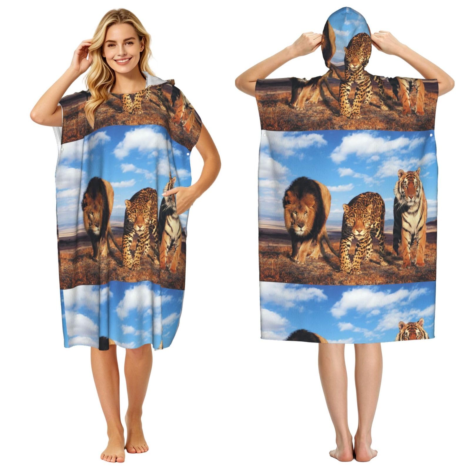 Poadnly Lion Leopard And Tiger Fight For Food Printed, Adult Hooded Beach Towel 90 x 110 cm,Changing Bath Robe, Surf Poncho Towel For Women Men