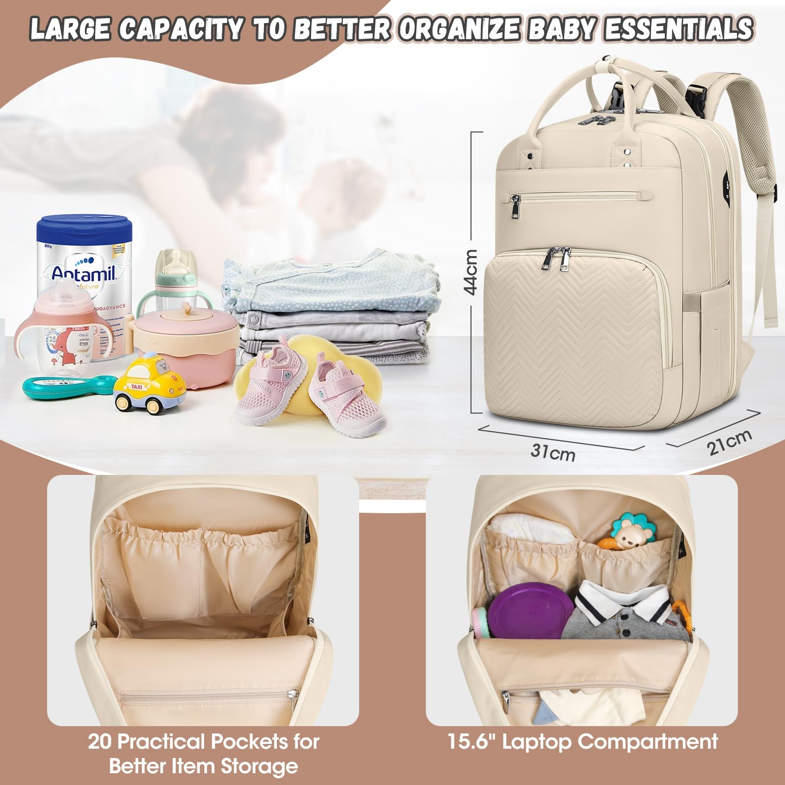 RAINSMORE Wickelrucksack Baby Wickeltasche Rucksack mit Wickelunterlage Unterwegs Groß Diaper Bag Multifunktions Baby Taschen für Mama und Papa Aprikose
