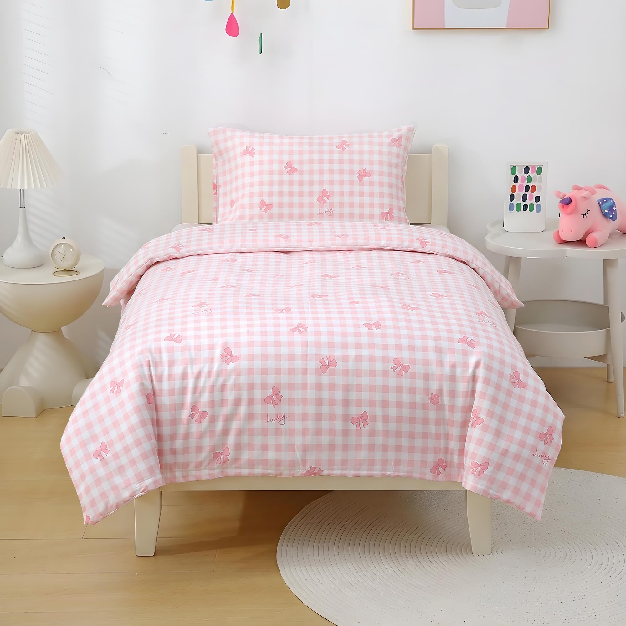 JQWUPUP Pink Gingham Cot Duvet Cover Coquette Bow toddler Bedding Set