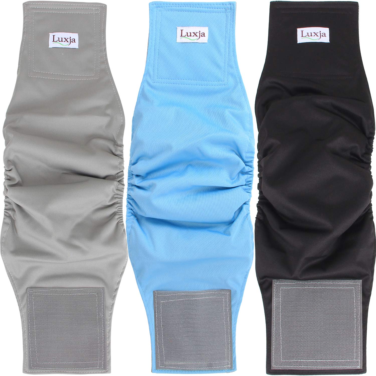 Luxja Wiederverwendbare Hundewindeln für Rüden (3 Stück), waschbares Welpen-Bauchband, (schwarz + grau + blau, XXL)