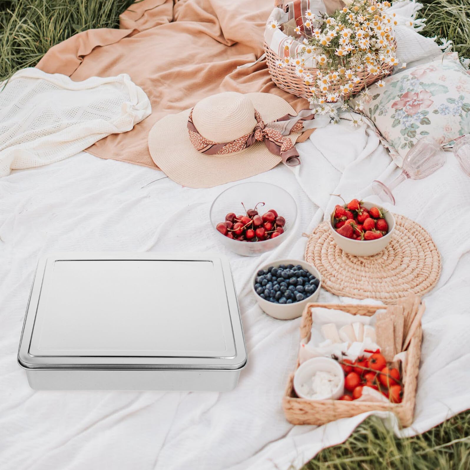 DOITOOL Molde para Pasteles Rectangular de Acero Inoxidable 33x28x6 Cm con Tapa, Bandeja para Hornear Tartas y Postres, Utensilio Versátil para Cocina Doméstica y Profesional
